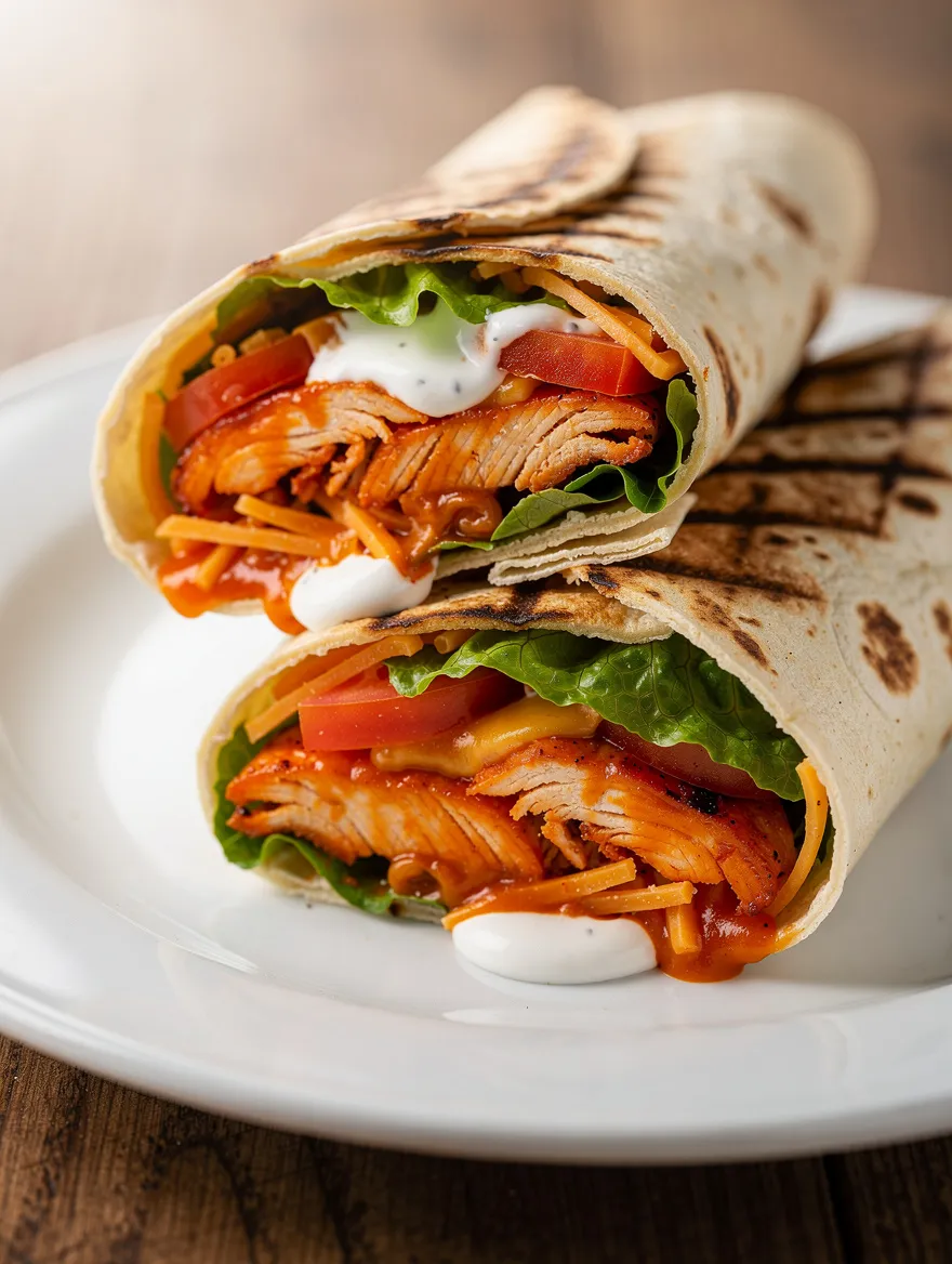 Grilled buffalo chicken wrap filled with sliced chicken, lettuce, tomatoes, cheddar cheese, buffalo sauce, and ranch dressing on a white plate.
