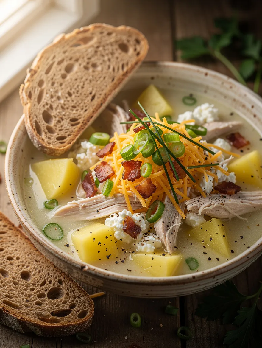 Creamy high-protein potato soup topped with shredded chicken, cheddar cheese, cottage cheese, crispy bacon, green onions, and fresh chives, served with rustic sourdough bread.