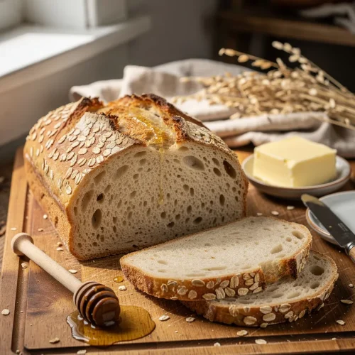 Honey oat sourdough bread loaf with an oat-coated crust, sliced on a wooden cutting board alongside butter, honey dipper, and rolled oats in a rustic kitchen.