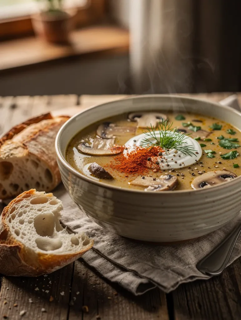Creamy Hungarian mushroom soup topped with sour cream, paprika, fresh dill, sliced mushrooms, cracked black pepper, and served with rustic artisan bread.