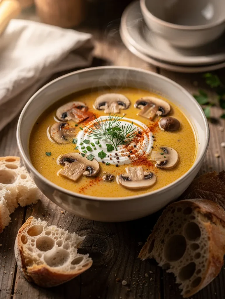 Creamy Hungarian mushroom soup garnished with sour cream, sliced mushrooms, fresh dill, paprika, chopped herbs, and served with rustic crusty bread.