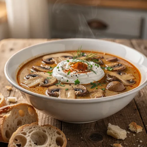 Creamy Hungarian mushroom soup topped with sour cream, sliced mushrooms, fresh dill, sweet paprika, chopped parsley, and served with rustic crusty bread.