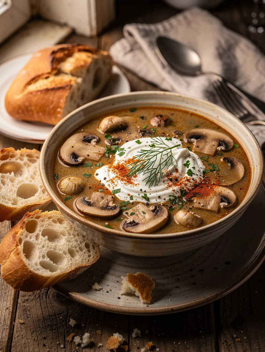 Creamy Hungarian mushroom soup with sliced mushrooms, sour cream, fresh dill, paprika, parsley, and rustic crusty bread on the side.