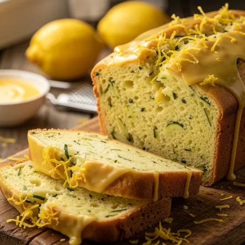 Lemon zucchini bread topped with lemon glaze and fresh lemon zest, sliced on a rustic wooden cutting board with whole lemons in the background.