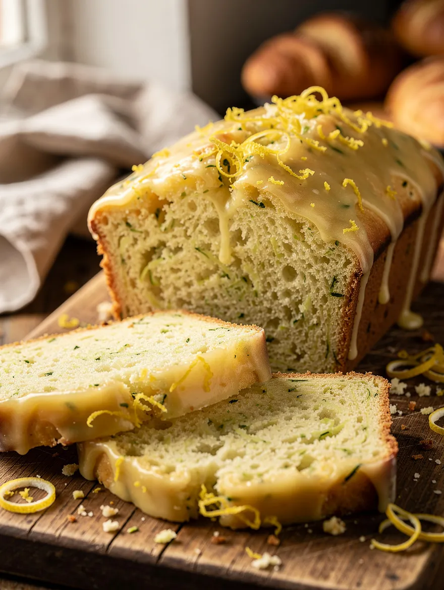 Lemon zucchini bread with a sweet lemon glaze and fresh lemon zest, sliced on a rustic wooden board to reveal a moist and tender crumb.