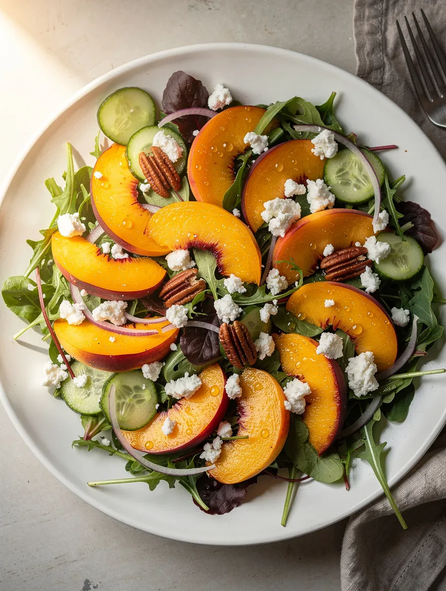 Nectarine Salad with fresh nectarines, mixed greens, cucumber, goat cheese, red onion, and pecans.