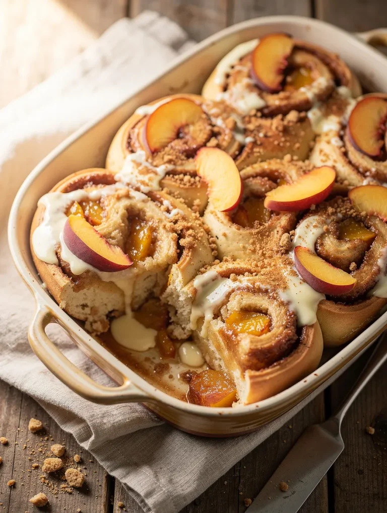 Peach cobbler cinnamon rolls topped with cream cheese glaze and fresh peach slices, baked in a rustic casserole dish.