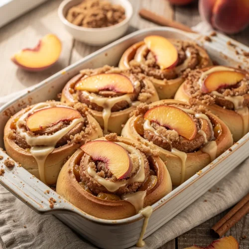 Peach cobbler cinnamon rolls in a baking dish topped with cream cheese glaze, peach slices, and cinnamon crumble.