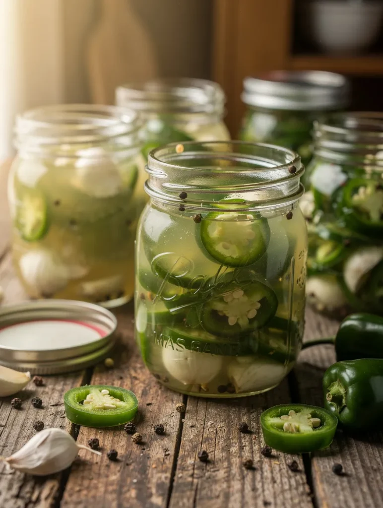 Rustic mason jars filled with homemade pickled jalapeños and garlic cloves in clear brine, surrounded by fresh jalapeño slices and peppercorns on a wooden table.