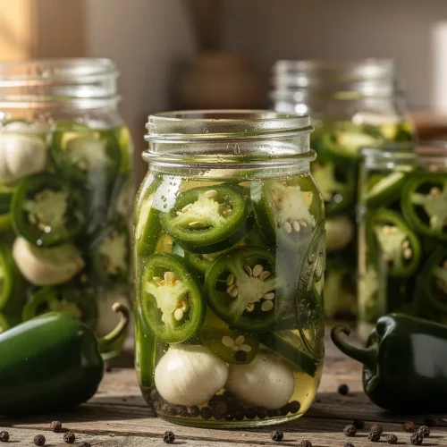 Glass mason jar filled with homemade pickled jalapeño slices and garlic cloves in brine, surrounded by fresh jalapeños and whole peppercorns on a rustic wooden surface.