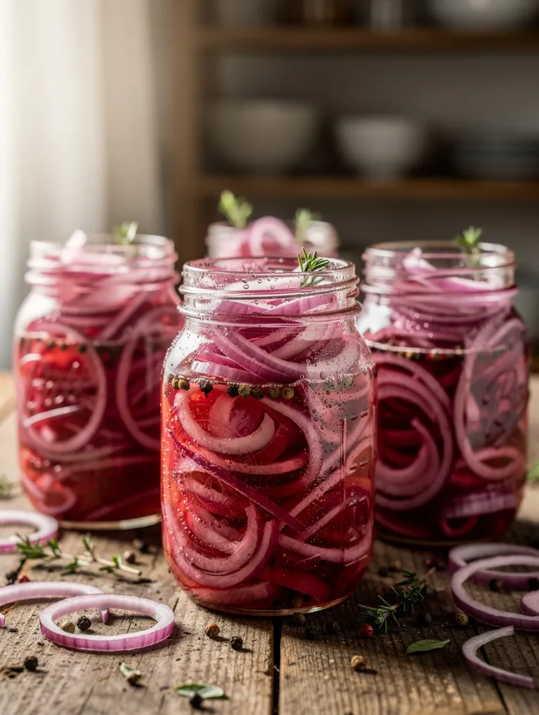 Mason jars filled with homemade pickled red onions in ruby-colored brine, surrounded by onion rings, herbs, and peppercorns on a rustic wooden table.