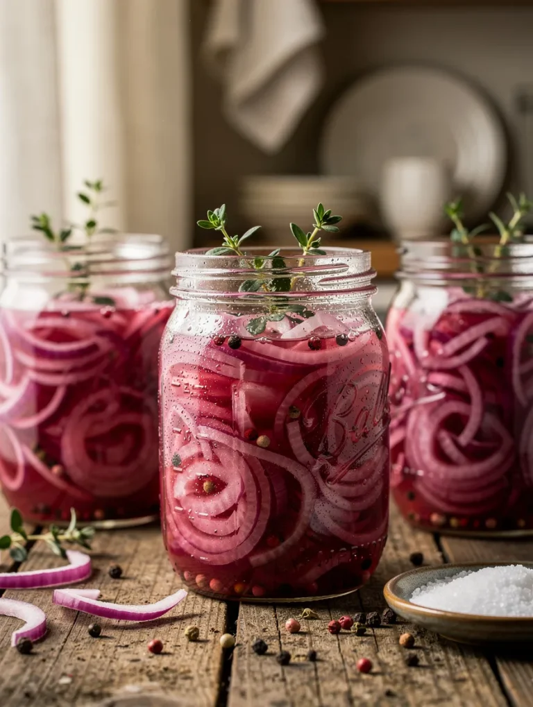 Mason jars filled with homemade pickled red onion slices in bright pink brine, garnished with fresh thyme and surrounded by peppercorns and sea salt on a rustic wooden table.