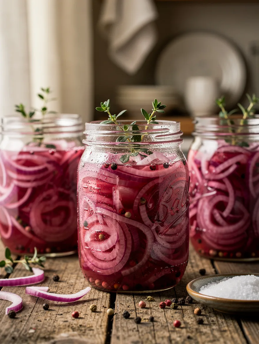 Mason jars filled with homemade pickled red onion slices in bright pink brine, garnished with fresh thyme and surrounded by peppercorns and sea salt on a rustic wooden table.