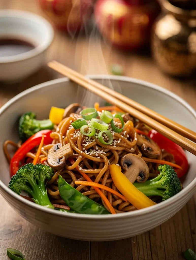 Ramen noodle stir fry with broccoli, mushrooms, snap peas, carrots, bell peppers, and green onions tossed in a savory sauce and topped with sesame seeds.