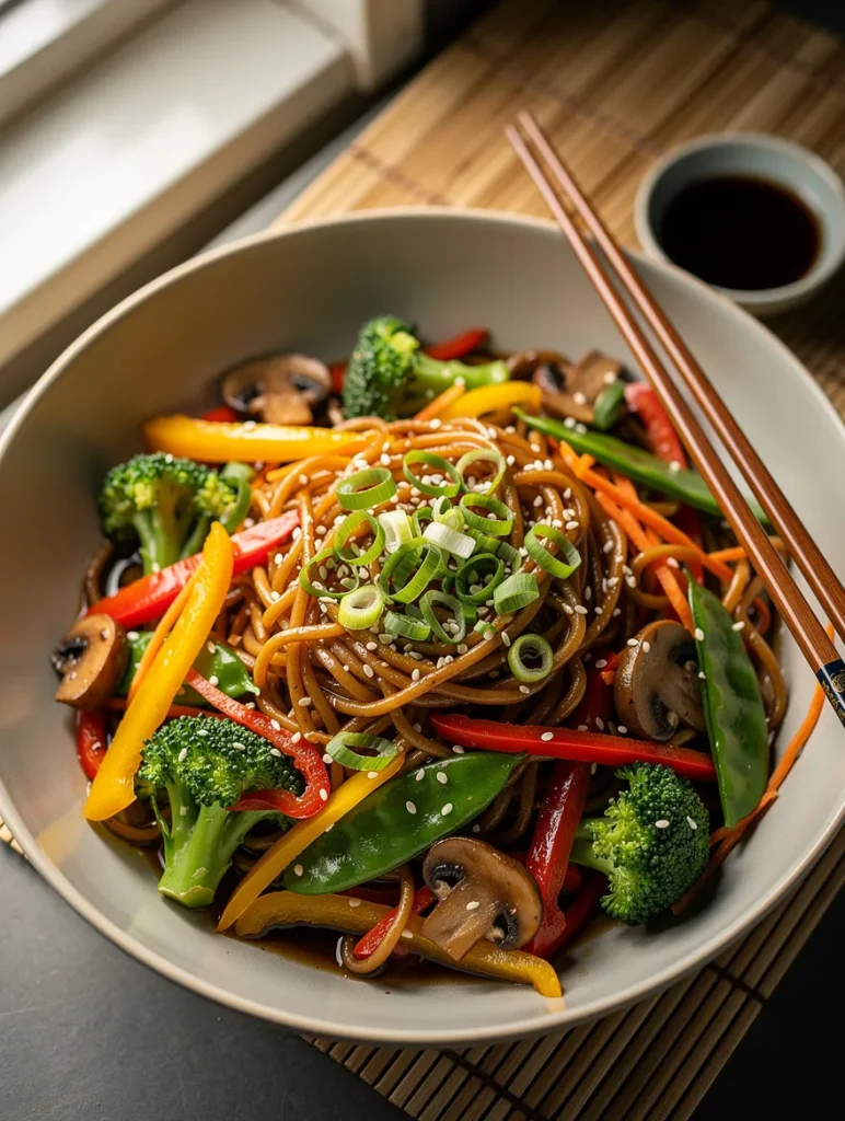 Ramen noodle stir fry with broccoli, snap peas, mushrooms, bell peppers, carrots, green onions, and sesame seeds tossed in a savory Asian-inspired sauce.