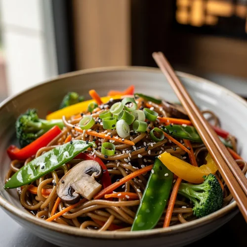 Ramen noodle stir fry recipe with broccoli, snap peas, mushrooms, carrots, bell peppers, sesame seeds, and green onions in a savory stir-fry sauce.