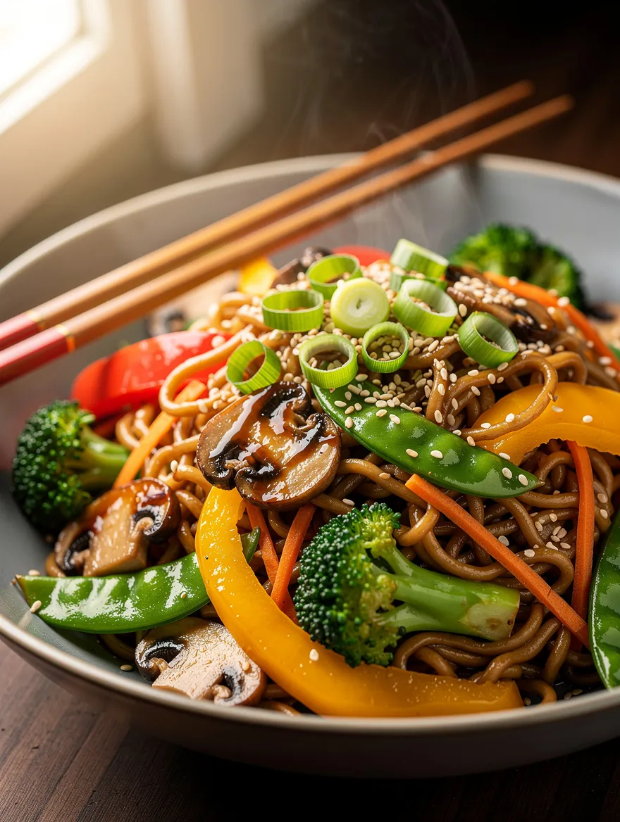 Ramen noodle stir fry with broccoli, snap peas, mushrooms, bell peppers, carrots, and sesame seeds in a savory sauce, garnished with green onions.