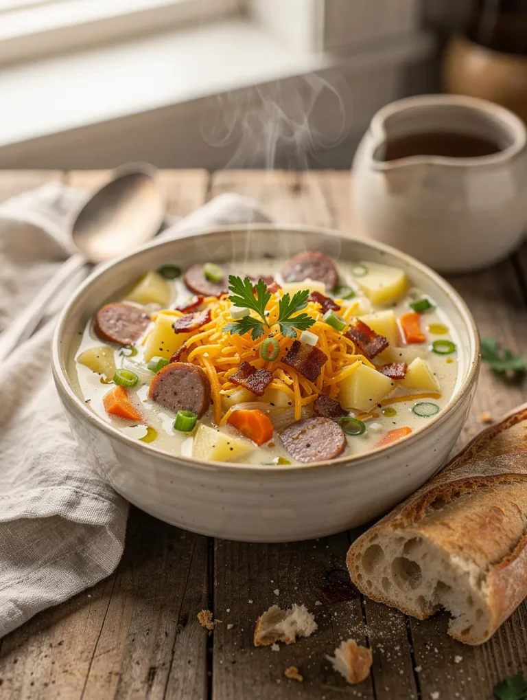 Creamy sausage potato soup with sliced smoked sausage, tender potatoes, carrots, cheddar cheese, crispy bacon, and green onions, served with crusty artisan bread.