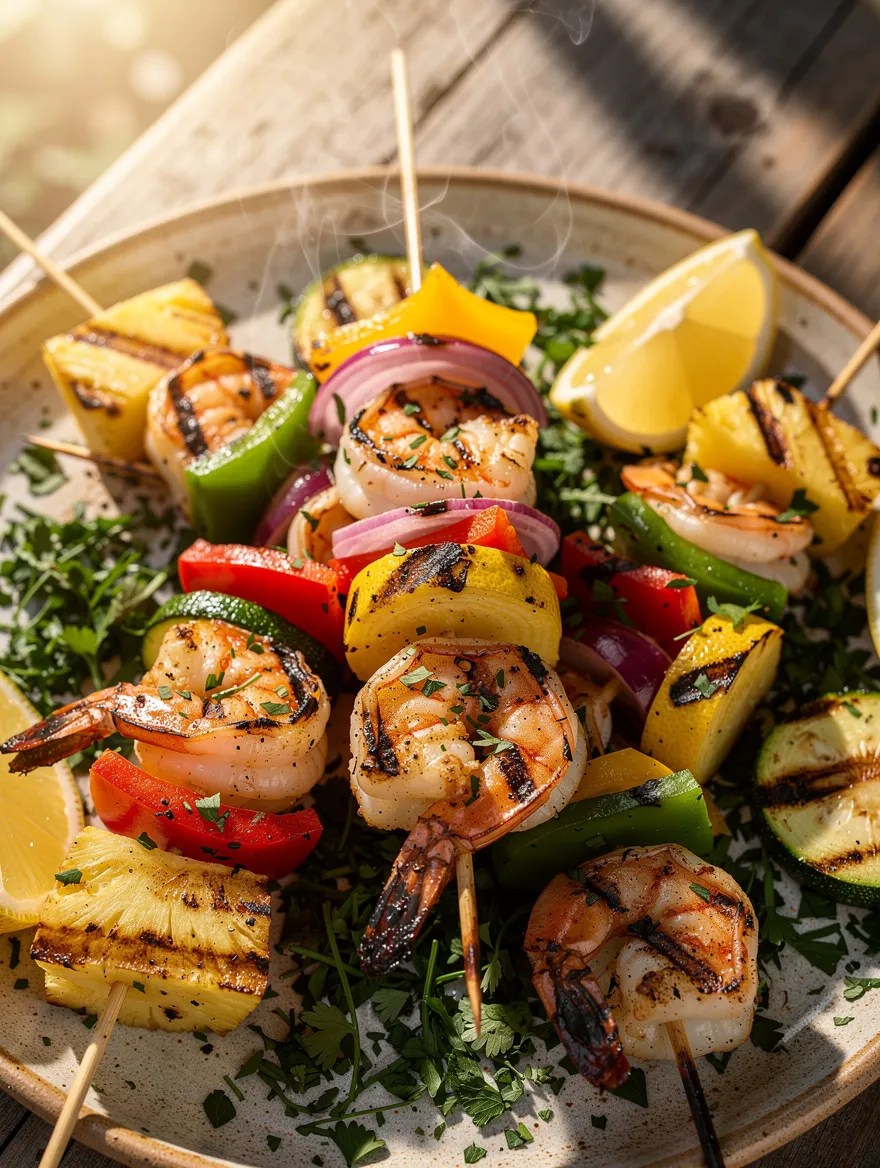Grilled shrimp kabobs with pineapple chunks, bell peppers, red onion, zucchini, and lemon wedges served on a rustic plate and garnished with fresh herbs.