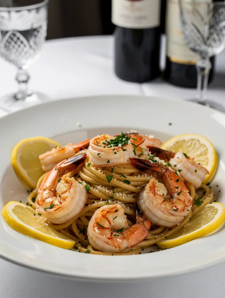 Shrimp scampi pasta served with sautéed shrimp, spaghetti, lemon wedges, Parmesan cheese, and fresh parsley in a white bowl.