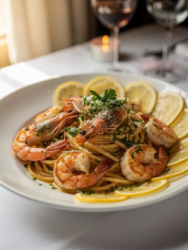 Shrimp scampi pasta topped with large sautéed shrimp, garlic butter sauce, Parmesan cheese, fresh parsley, and lemon slices served in a white bowl.