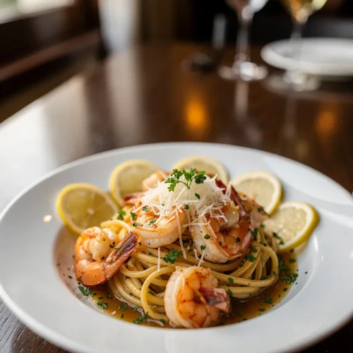Shrimp scampi served over spaghetti with garlic butter sauce, Parmesan cheese, fresh parsley, and lemon slices in a white bowl.