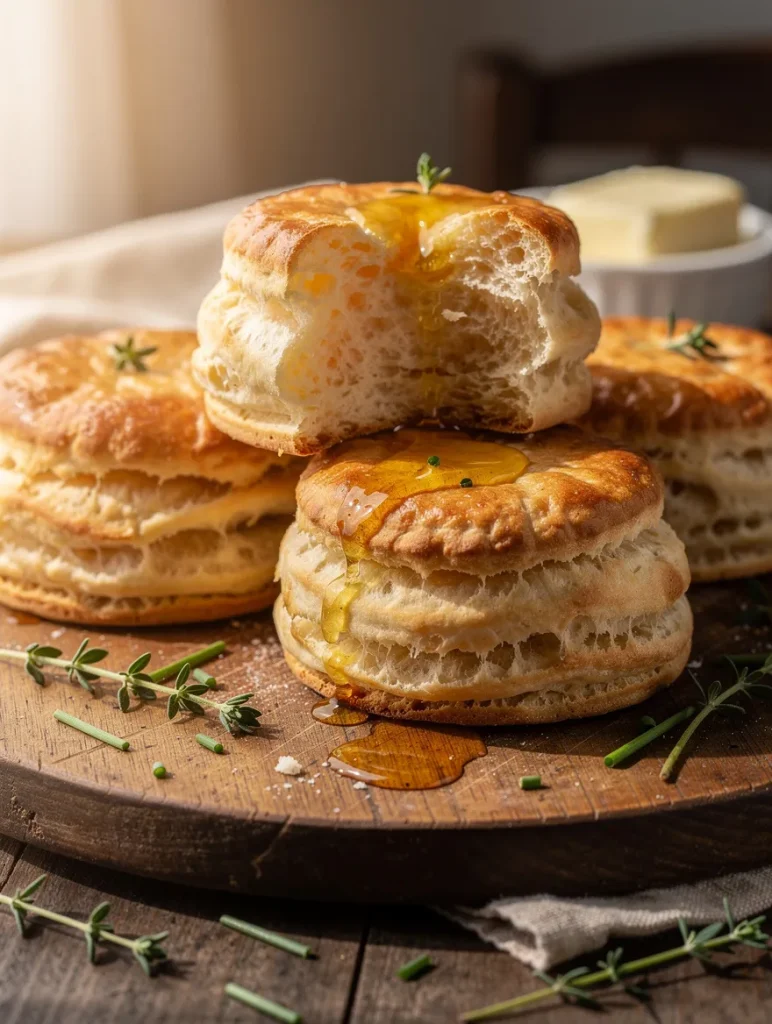 Golden sourdough biscuits with flaky layers and honey drizzle, stacked on a wooden board with fresh herbs and butter in the background.