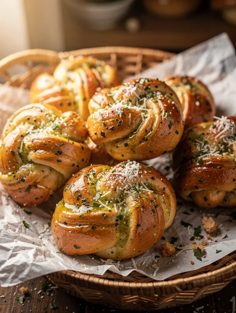Close-up of sourdough discard garlic knots coated in garlic butter and topped with grated Parmesan cheese and parsley, arranged in a wicker basket lined with parchment paper.