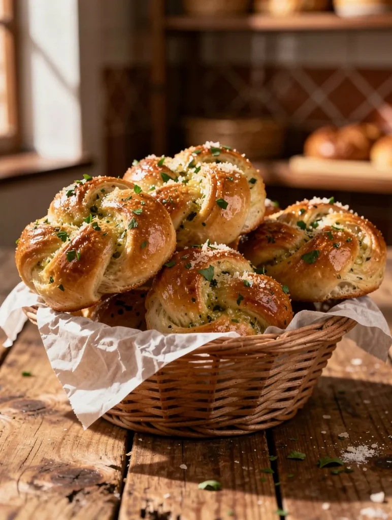 Basket of homemade sourdough discard garlic knots topped with Parmesan cheese and fresh parsley, featuring a golden-brown crust and garlic butter glaze.