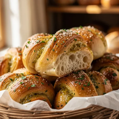 Close-up of sourdough discard garlic knots with a fluffy open crumb, brushed with garlic herb butter and sprinkled with Parmesan cheese and parsley in a rustic basket.