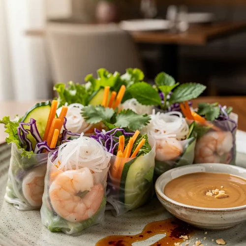 Fresh shrimp spring rolls cut in half and filled with rice noodles, cucumber, carrots, purple cabbage, and lettuce, served with creamy peanut dipping sauce and sweet chili sauce.