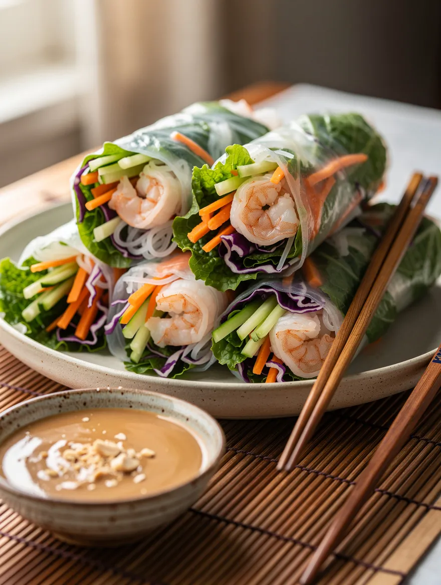Fresh shrimp spring rolls filled with rice noodles, lettuce, cucumber, carrots, and purple cabbage, served with creamy peanut dipping sauce and chopsticks.