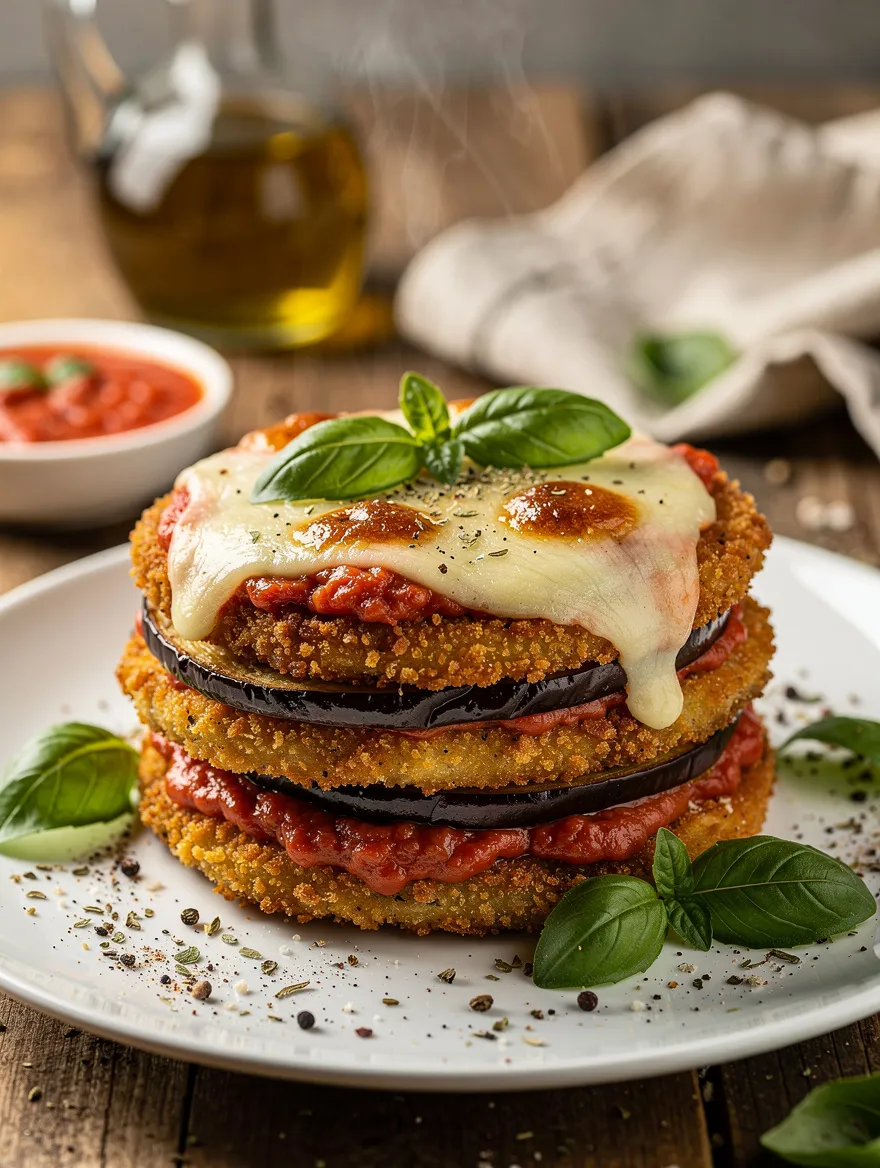 Vegan eggplant Parmesan stacked with crispy breaded eggplant slices, rich marinara sauce, melted vegan cheese, and fresh basil on a white plate.