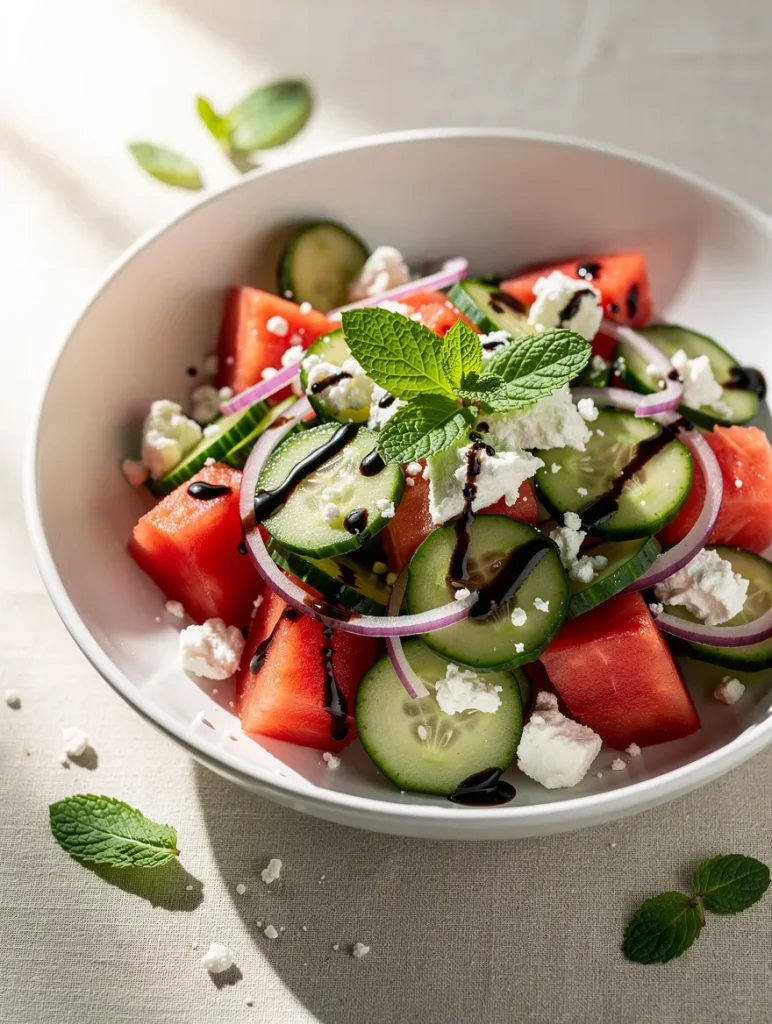 Watermelon cucumber feta salad with red onion, fresh mint, crumbled feta cheese, and balsamic glaze served in a white bowl.