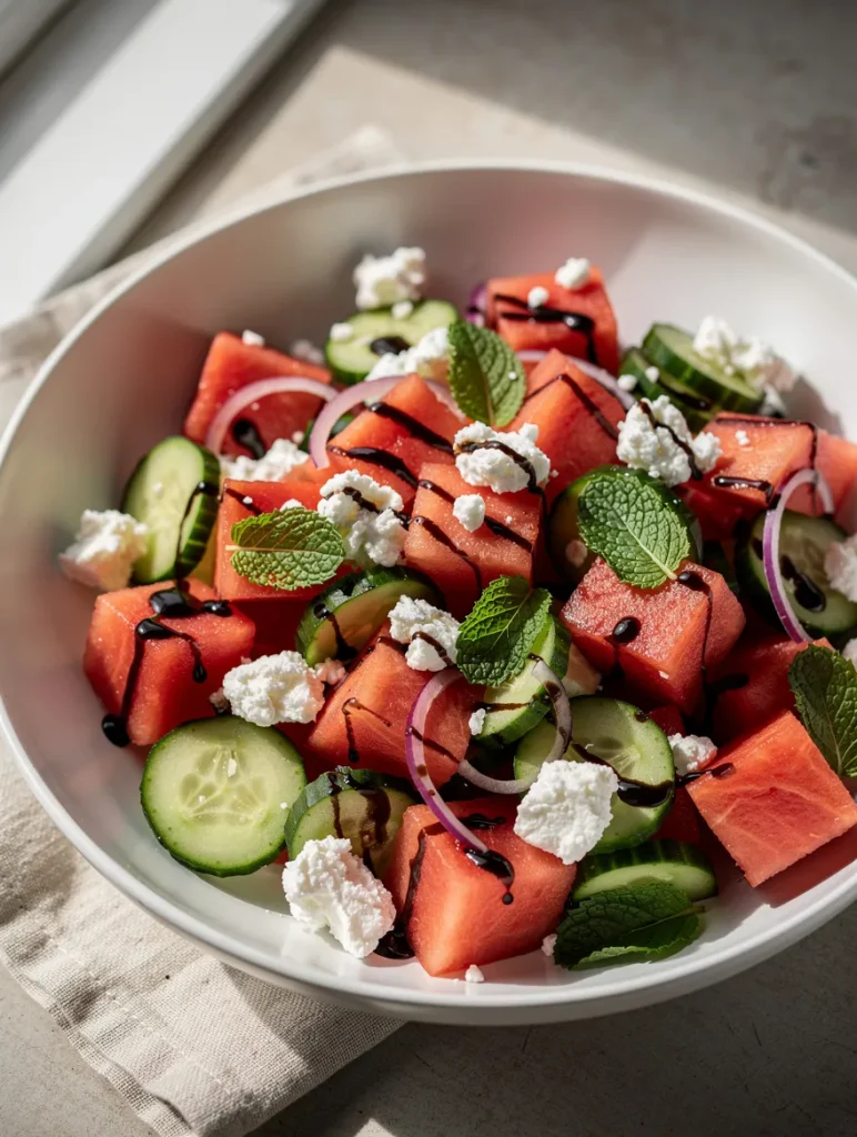 Watermelon cucumber feta salad with fresh mint, red onion, crumbled feta cheese, and balsamic glaze in a white serving bowl.
