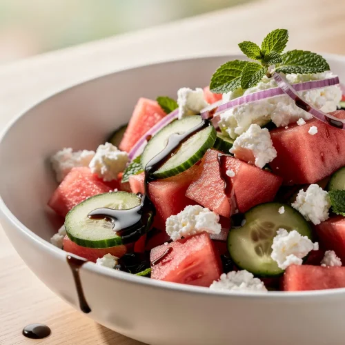 Watermelon cucumber feta salad with red onion, fresh mint, crumbled feta cheese, and balsamic glaze served in a white bowl.