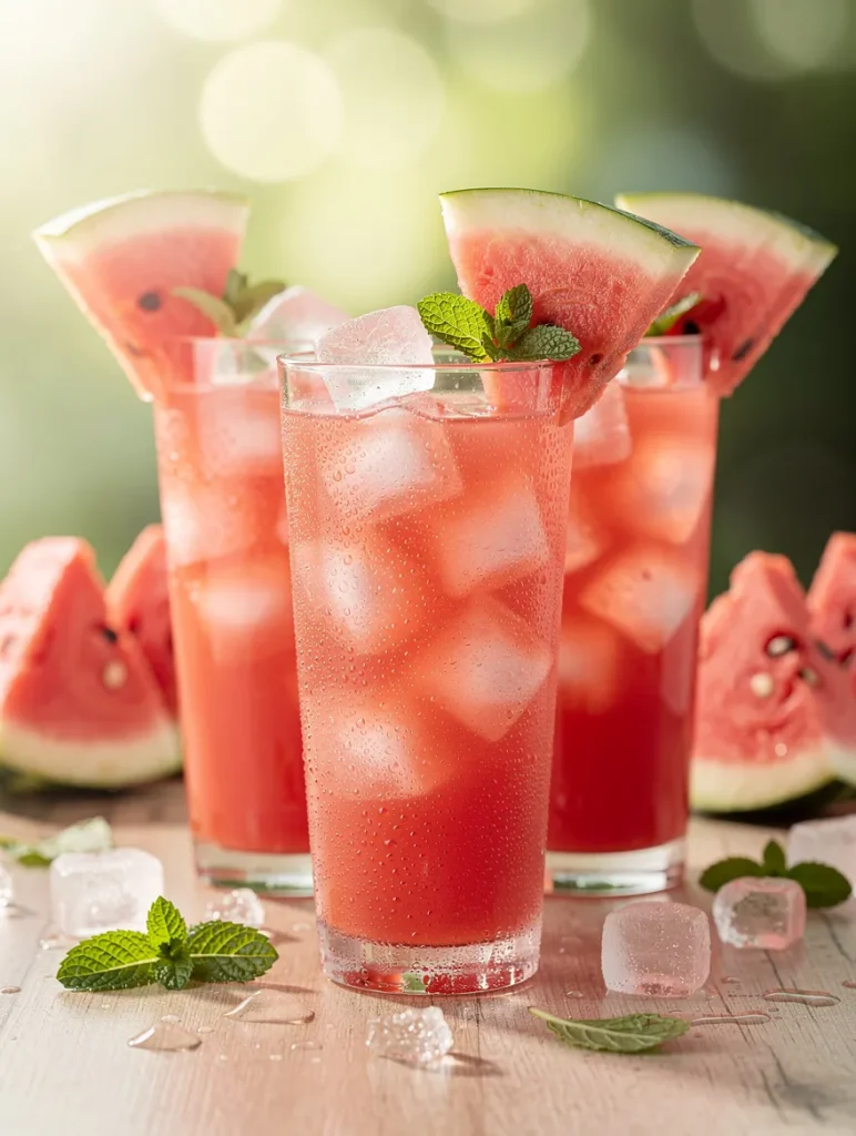 Glasses of refreshing watermelon juice with ice cubes, mint leaves, and fresh watermelon slices.