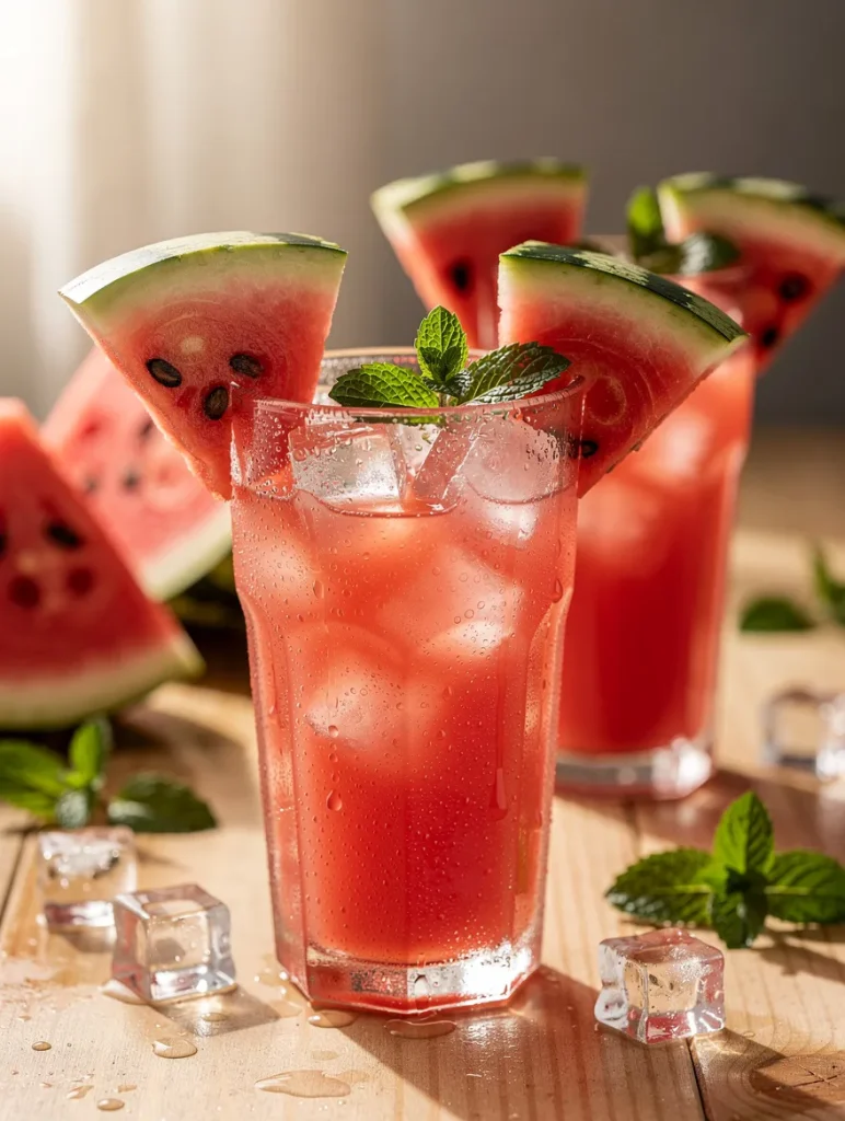 Refreshing watermelon juice over ice with mint leaves and watermelon wedges in tall glasses.