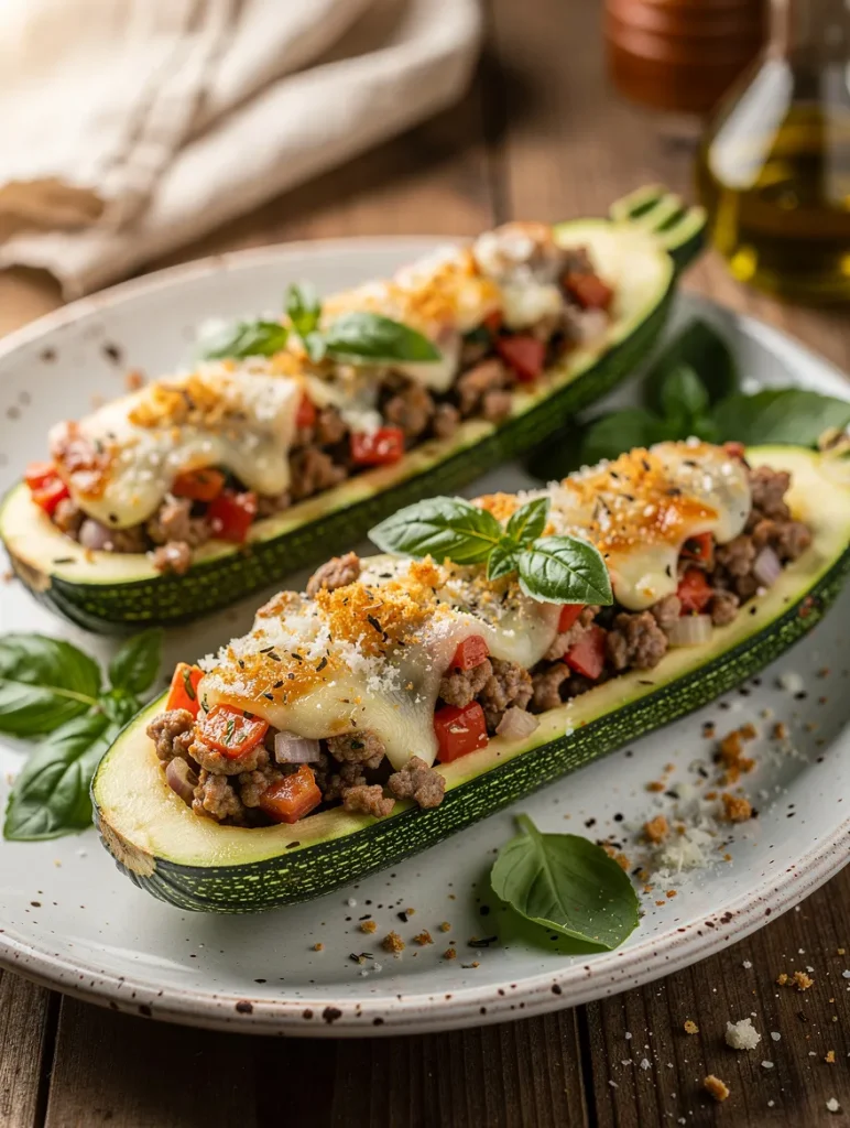 Stuffed zucchini boats topped with melted cheese, seasoned ground beef, diced peppers, and fresh basil, served on a rustic plate.