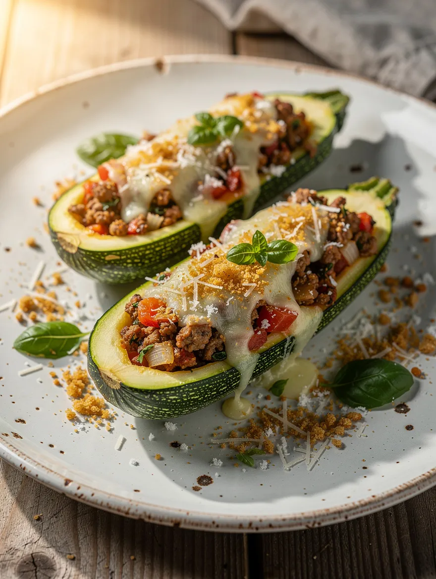 Cheesy stuffed zucchini boats filled with seasoned ground meat, diced vegetables, and melted mozzarella cheese, garnished with fresh basil and Parmesan.