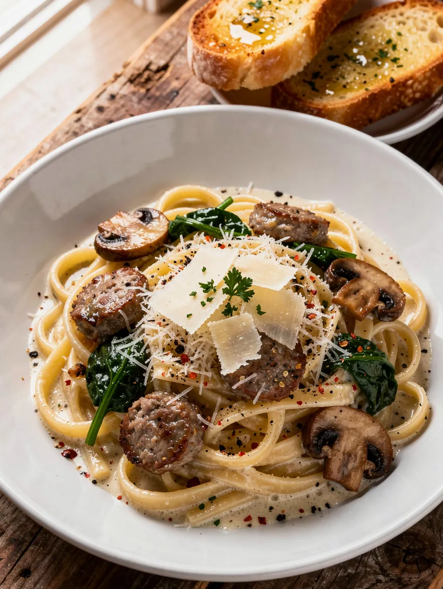 Creamy Alfredo sausage pasta with fettuccine, Italian sausage, mushrooms, spinach, Parmesan cheese, and garlic bread.
