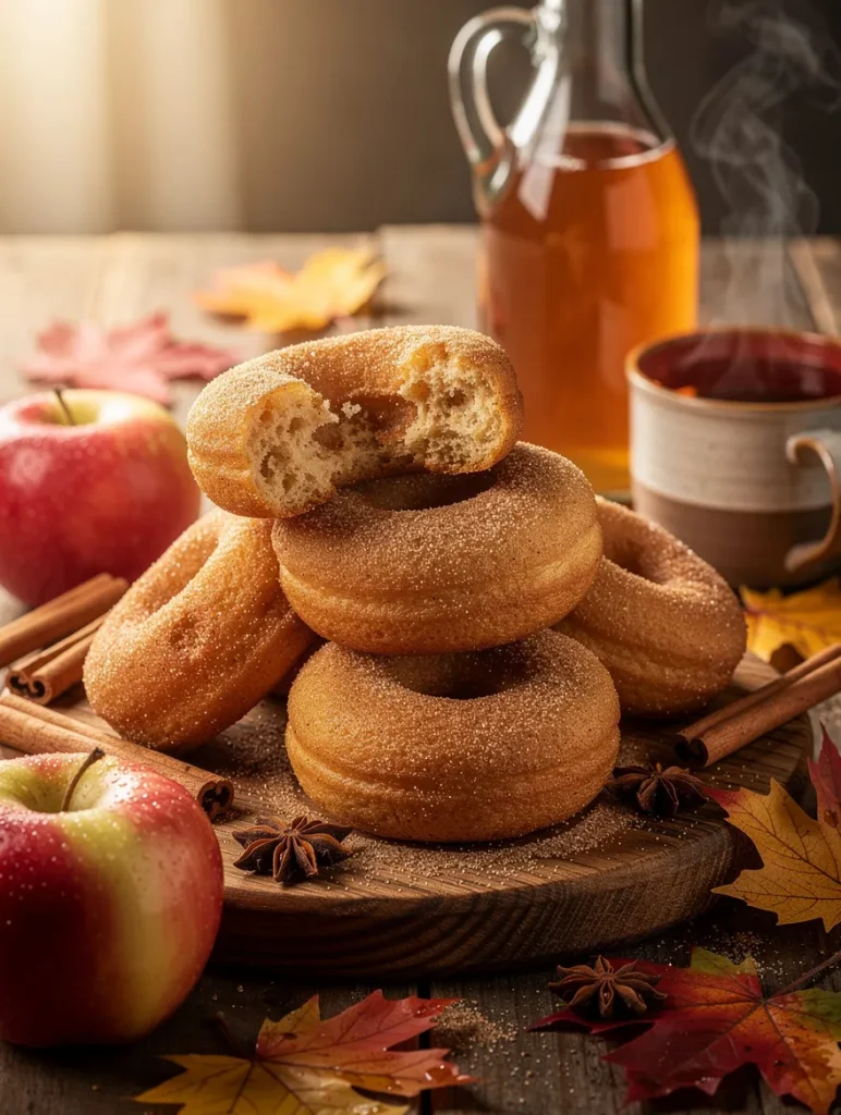 Fresh apple cider donuts coated in cinnamon sugar, stacked on a wooden board with apples, cinnamon sticks, hot cider, and colorful fall leaves.