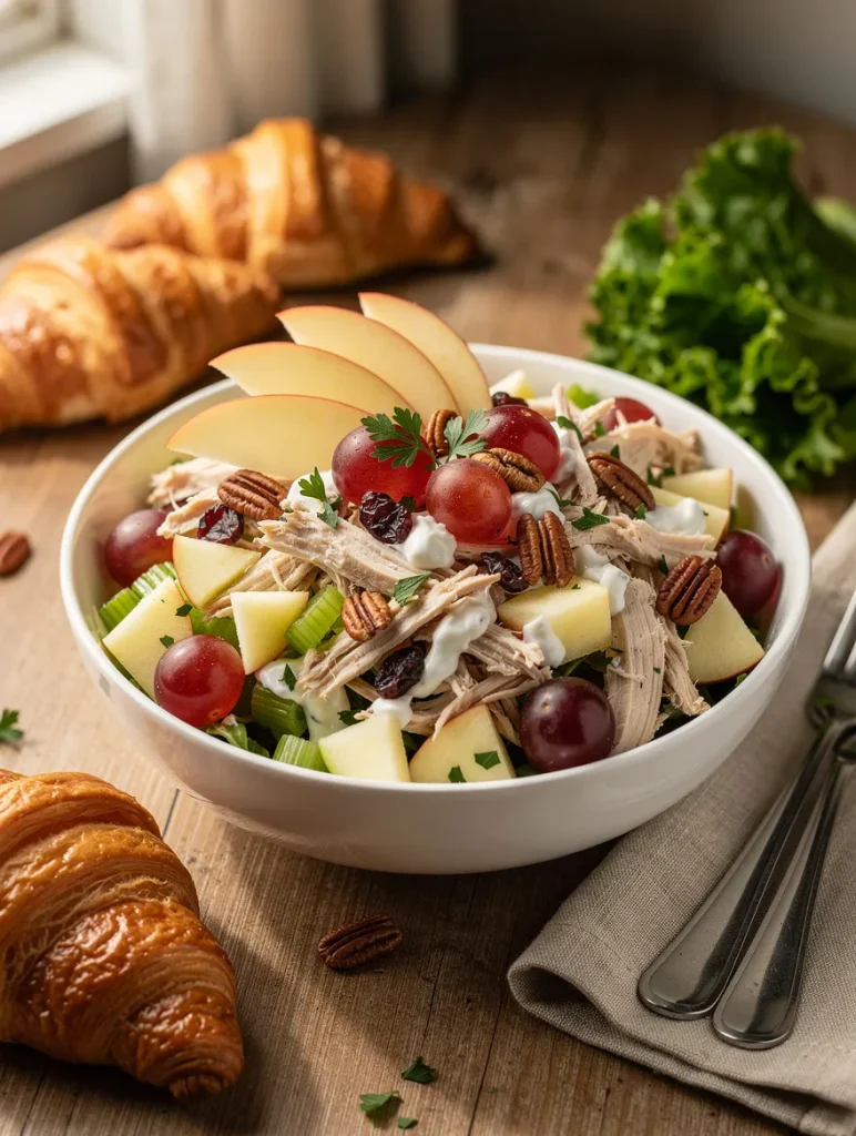 Apple grape chicken salad with shredded chicken, apples, red grapes, celery, pecans, dried cranberries, creamy dressing, and buttery croissants.