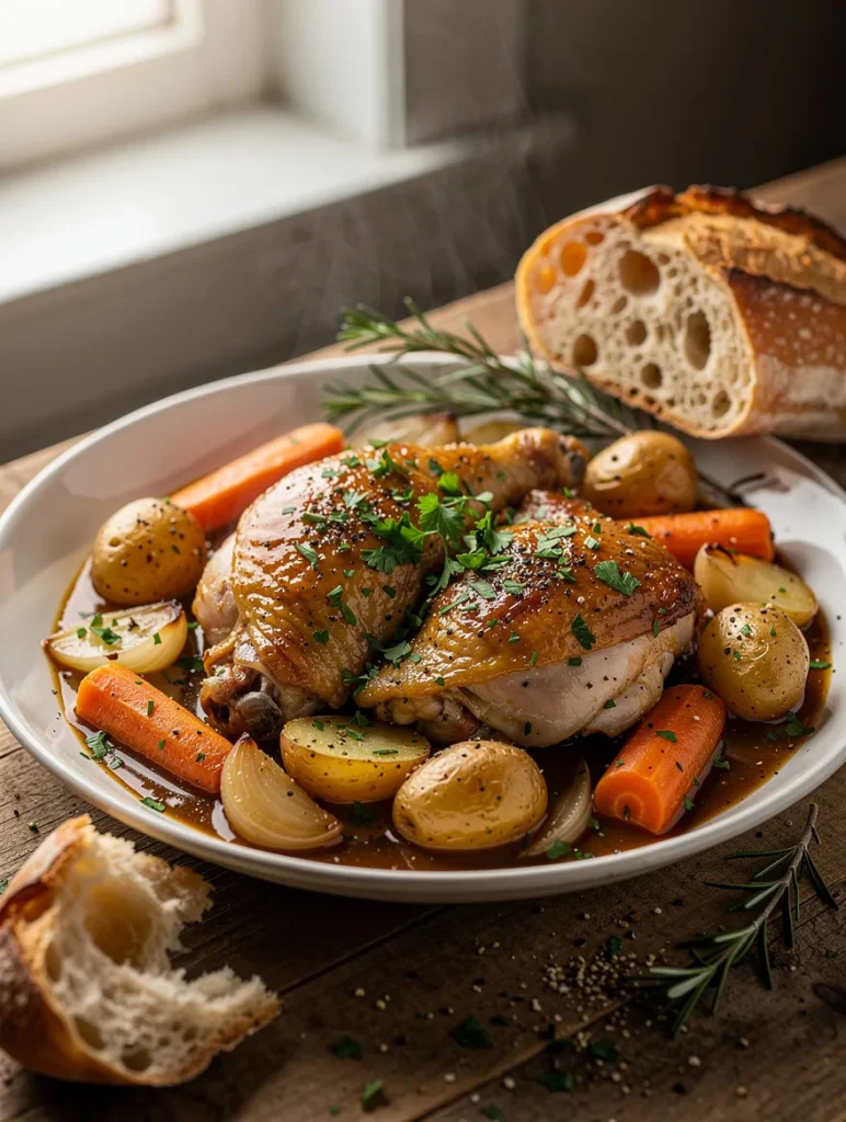 Slow cooker boneless skinless chicken thighs served with baby potatoes, carrots, onions, and savory gravy on a rustic plate with fresh rosemary and crusty artisan bread.