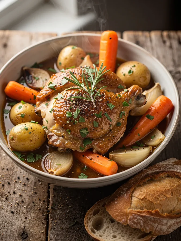 Boneless skinless chicken thighs cooked in a crockpot with baby potatoes, carrots, onions, and rich savory gravy, garnished with fresh rosemary and parsley, served with crusty bread.