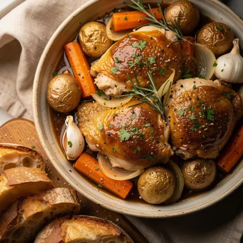 Boneless skinless chicken thigh crockpot recipe with tender chicken, baby potatoes, carrots, onions, garlic, and rosemary in a rich savory gravy, served with crusty artisan bread.