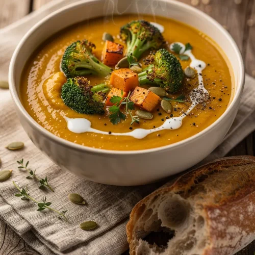 Creamy broccoli sweet potato soup garnished with roasted broccoli, roasted sweet potato cubes, pumpkin seeds, fresh herbs, cracked black pepper, and a swirl of cream, served with crusty artisan bread.