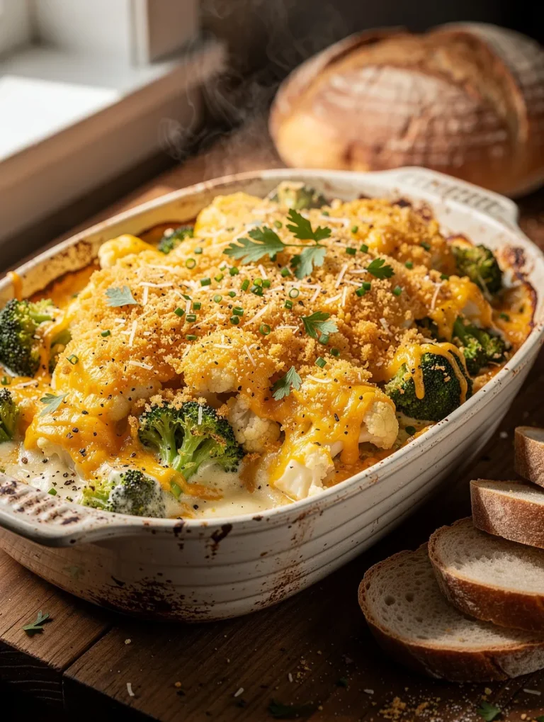 Cheesy cauliflower and broccoli casserole baked with a golden breadcrumb topping, melted cheddar cheese, fresh parsley, and Parmesan, served with rustic artisan bread.
