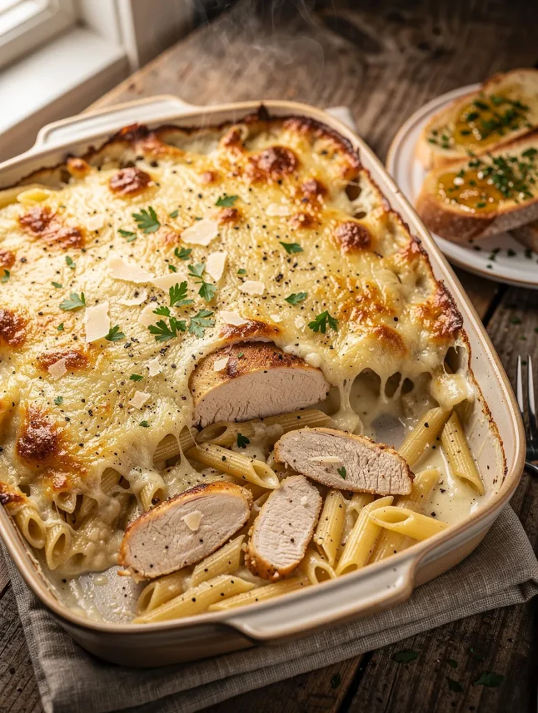 Baked chicken Alfredo casserole with penne pasta, creamy Alfredo sauce, melted mozzarella and Parmesan cheese, topped with sliced chicken and fresh parsley.