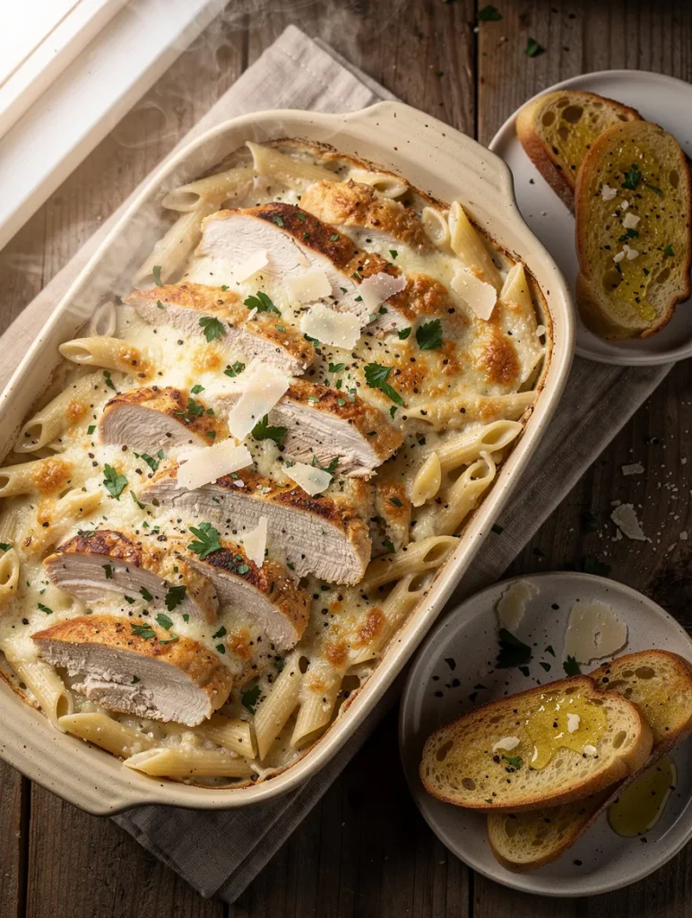 Creamy chicken Alfredo casserole with penne pasta, sliced grilled chicken, melted cheese, Parmesan shavings, and garlic bread served on the side.